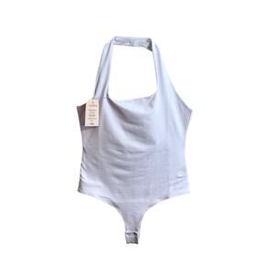 Berryou Bodysuit SZ L White Halter Stretch Cotton Cheeky Stretch